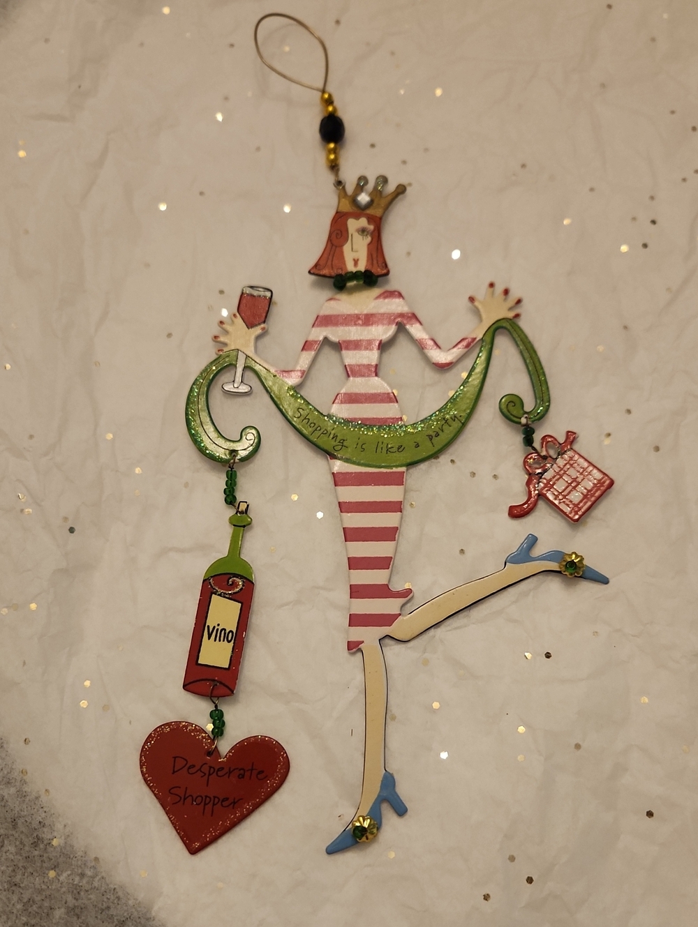 Pink Striped 'Desperate Shopper' Hanging Ornament